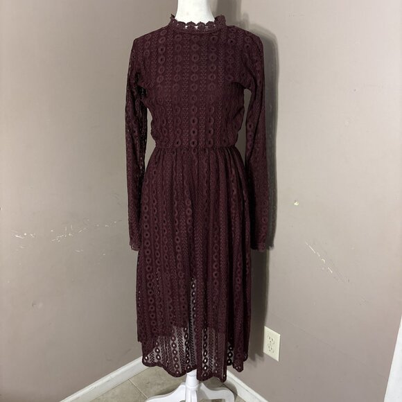 POL Dresses & Skirts - POL Maxi Dress Burgundy High Collar Lace Overlay Victoria Elastic Waist Sz S